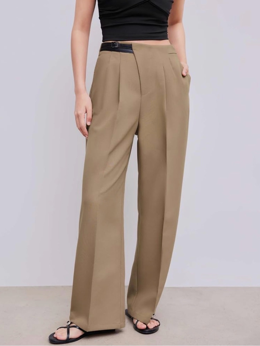 Cider Khaki Wide-Leg High-Rise Pleated Trousers
